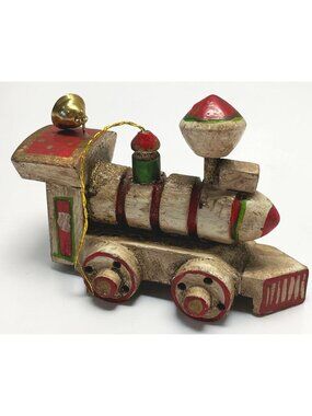 Rustic Wooden Train Christmas Ornament Steam Engine with Bell Vintage Enesco